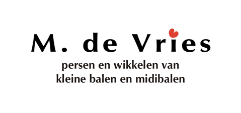 Logo M de Vries persen en wikkelen van kleine balen en midibalen
